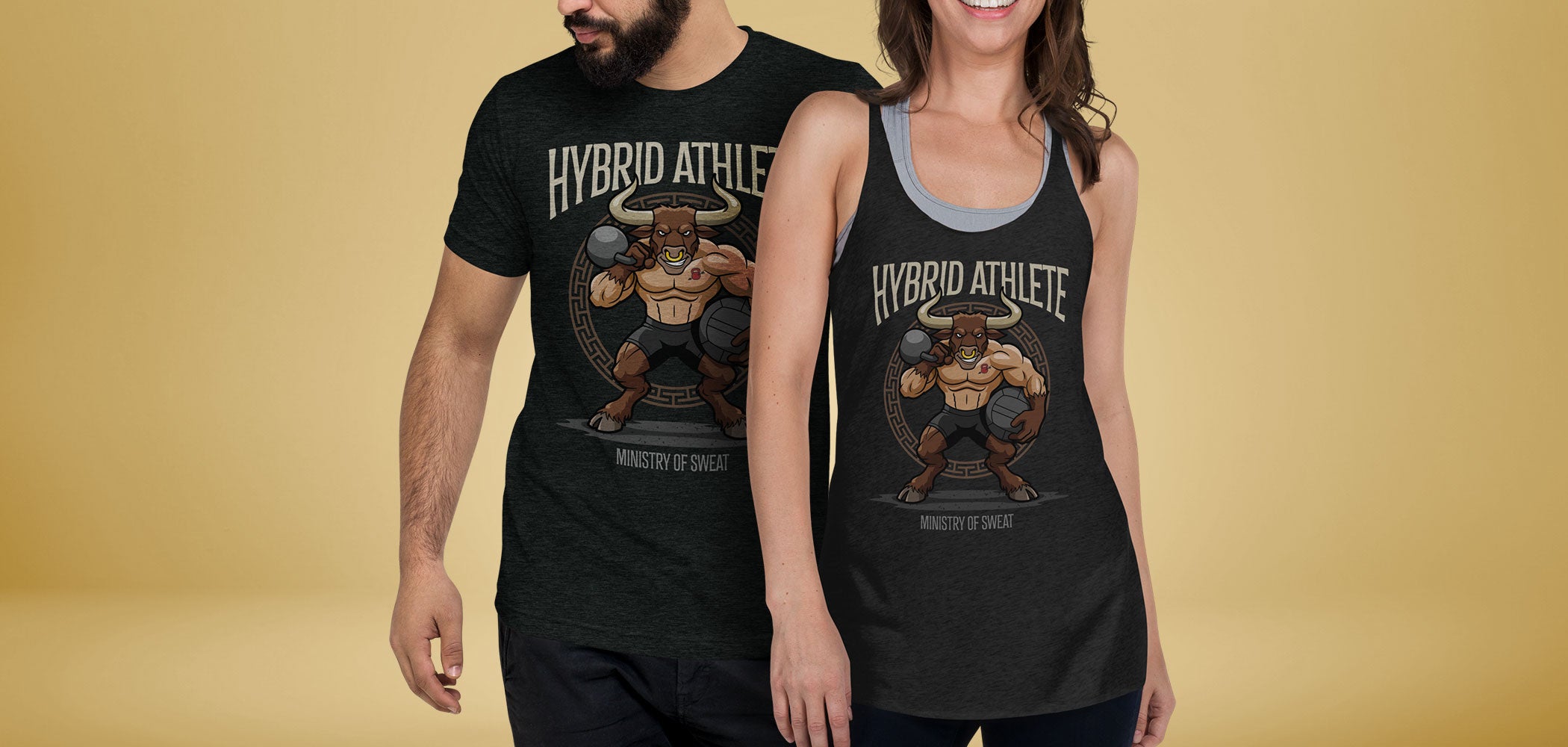 Two people wearing black tank tops with a 'Hybrid Athlete' design on a yellow background