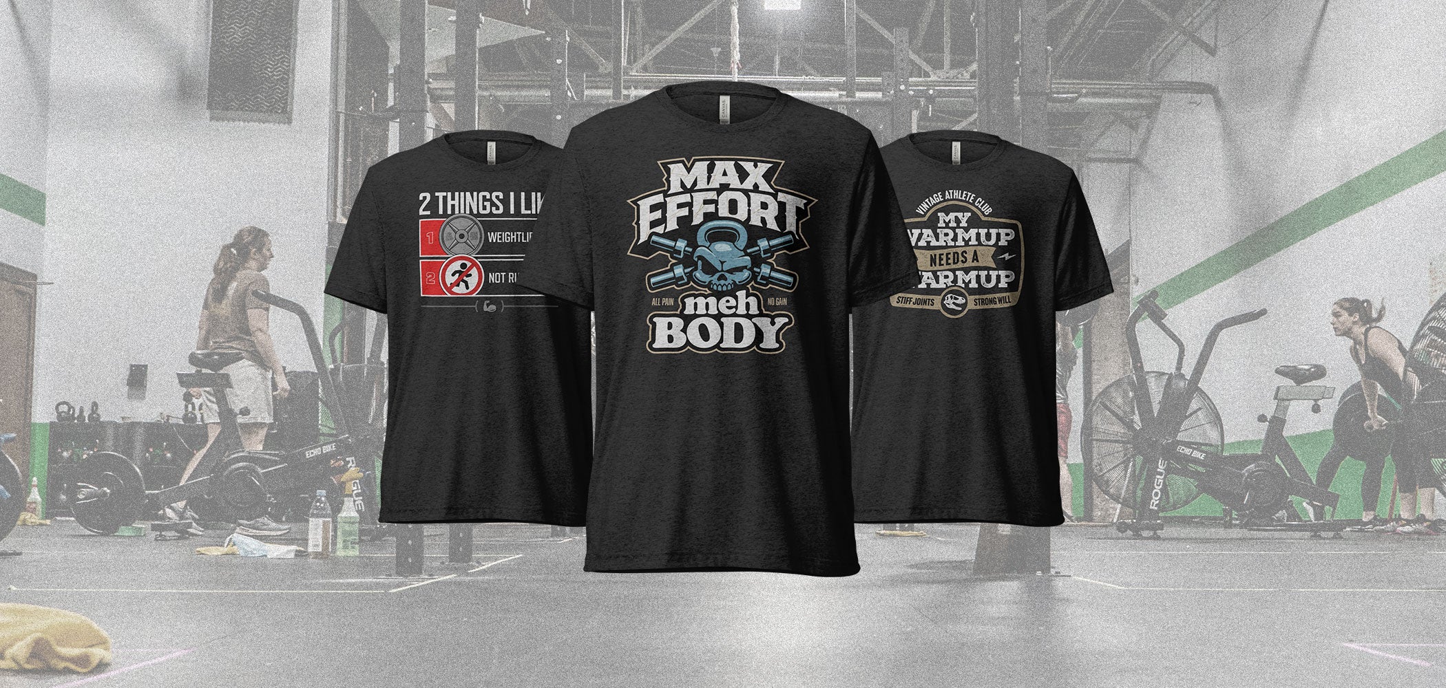 Three black t-shirts with different designs against a gym scene background