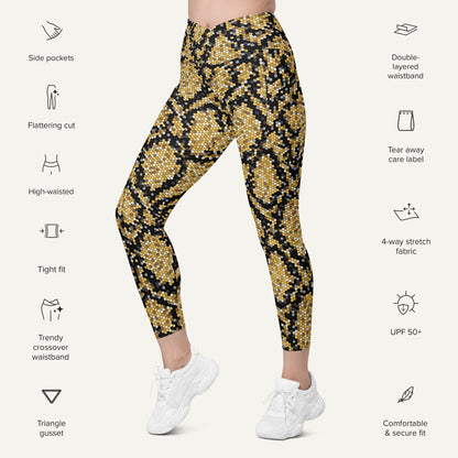 Gold Sequin Snakeskin Crossover Pocket Leggings