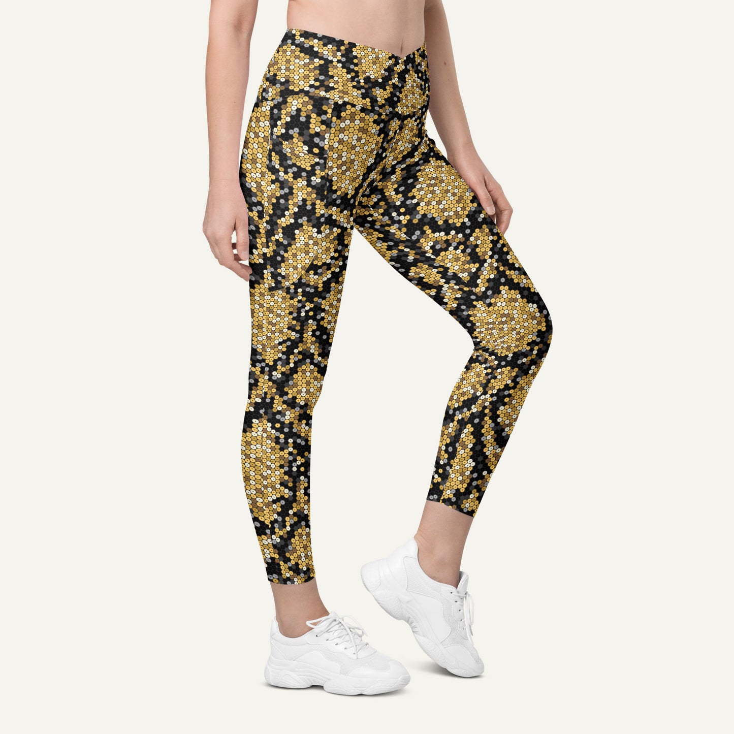 Gold Sequin Snakeskin Crossover Pocket Leggings