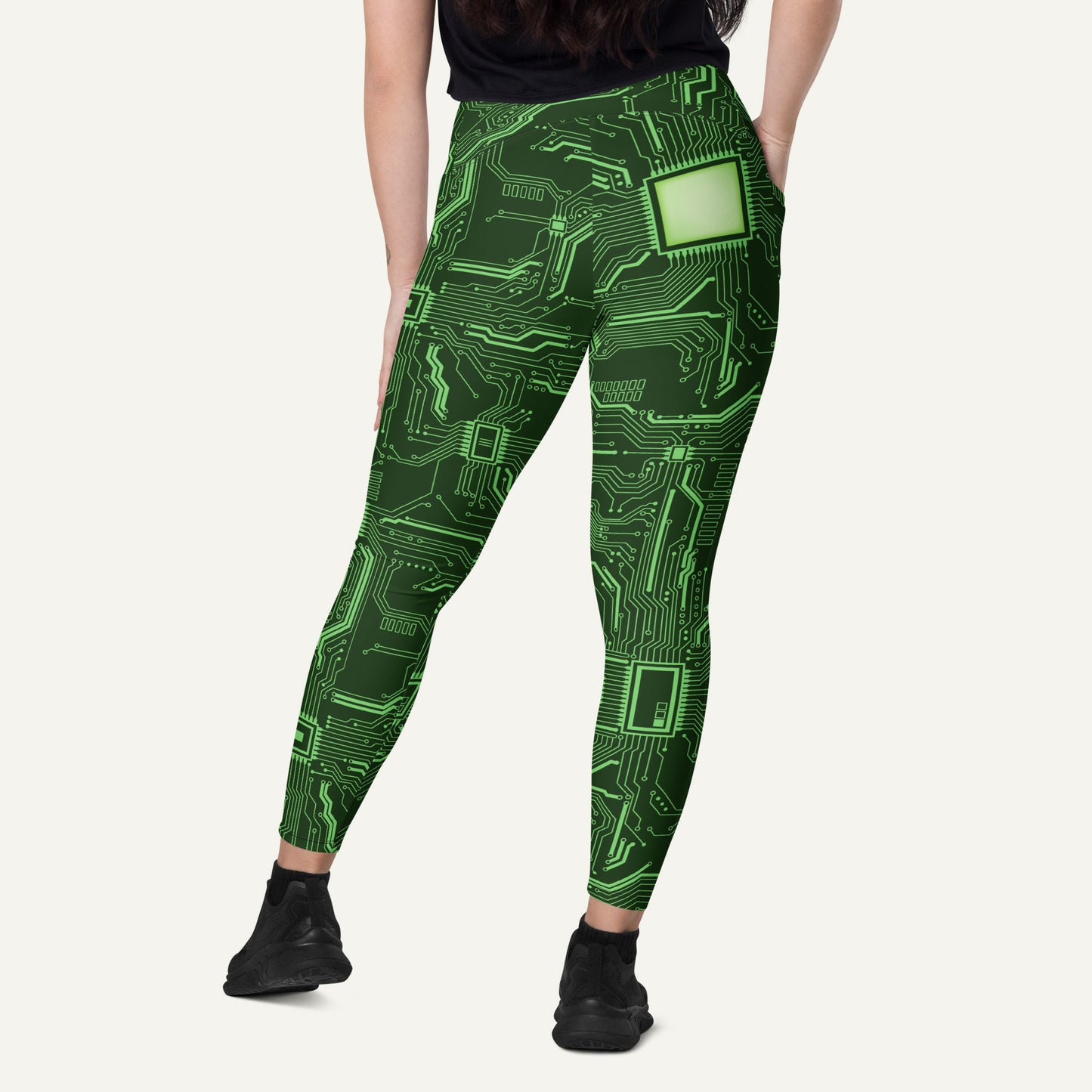 Green Circuit Board Crossover Leggings With Pockets