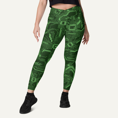 Green Circuit Board Crossover Leggings With Pockets