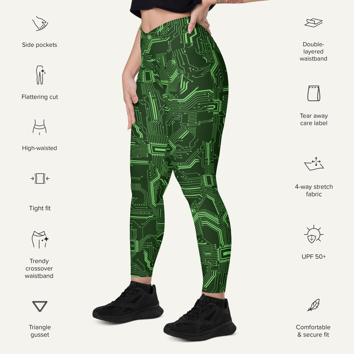 Green Circuit Board Crossover Leggings With Pockets