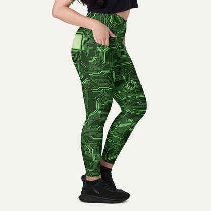 Green Circuit Board Crossover Leggings With Pockets