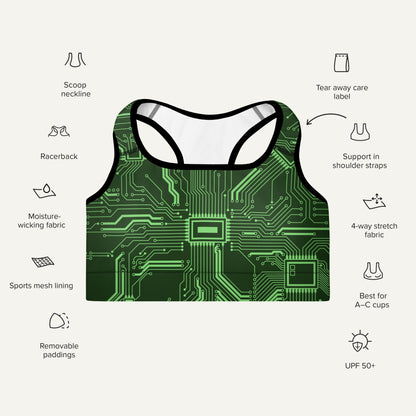 Green Circuit Board Padded Sports Bra