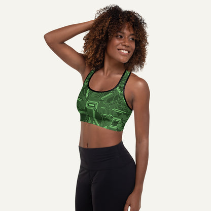 Green Circuit Board Padded Sports Bra