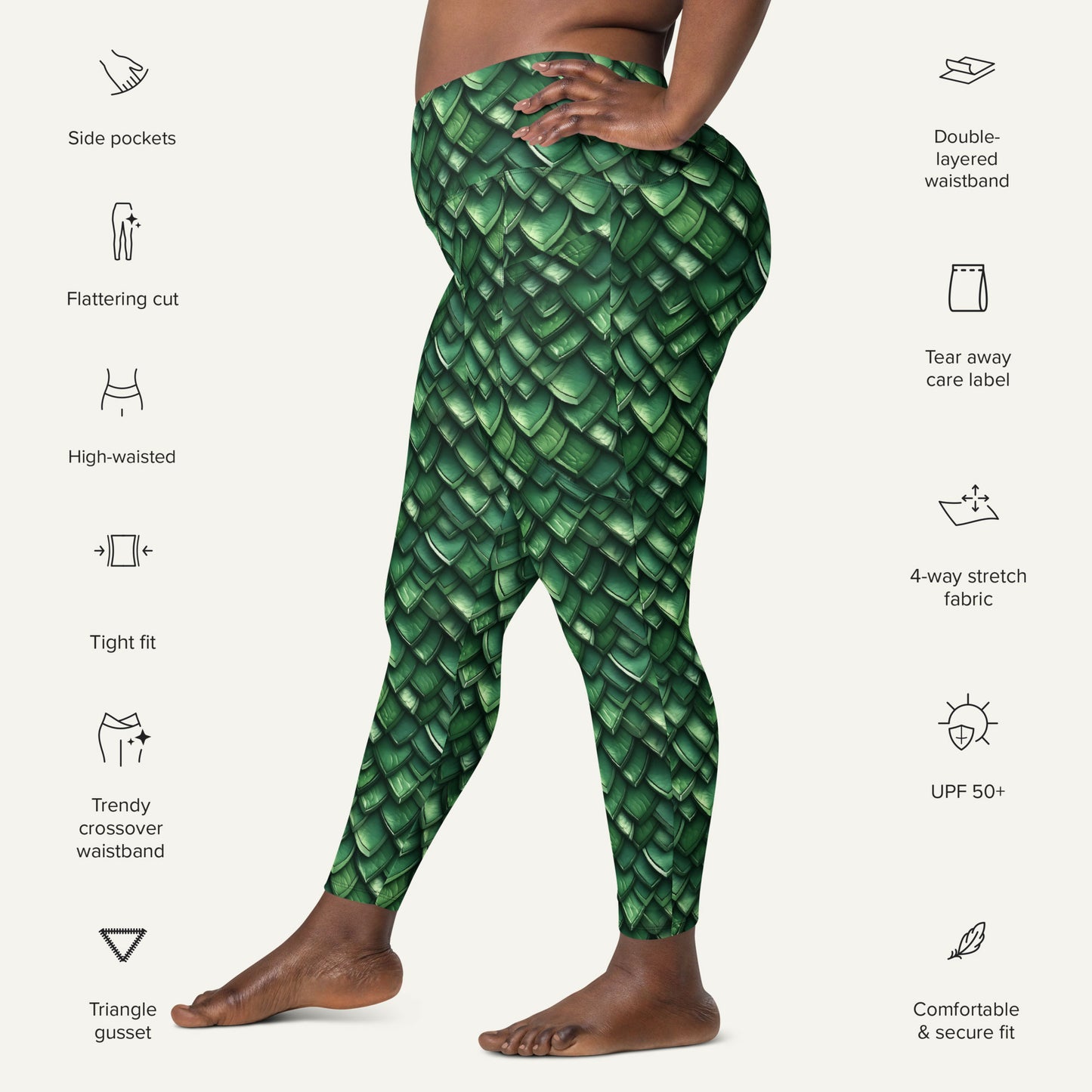 Jade Dragon Scales Crossover Leggings With Pockets