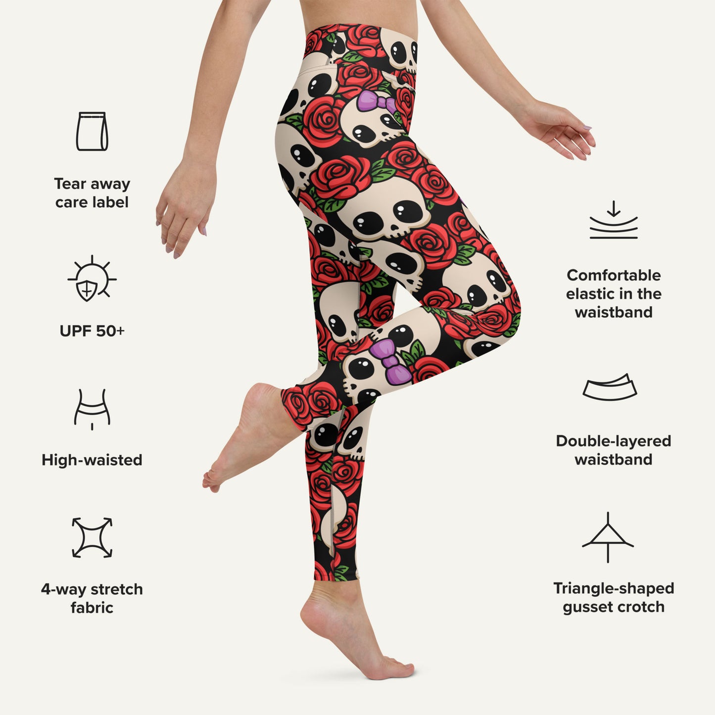 Kawaii Skulls And Roses High-Waisted Leggings