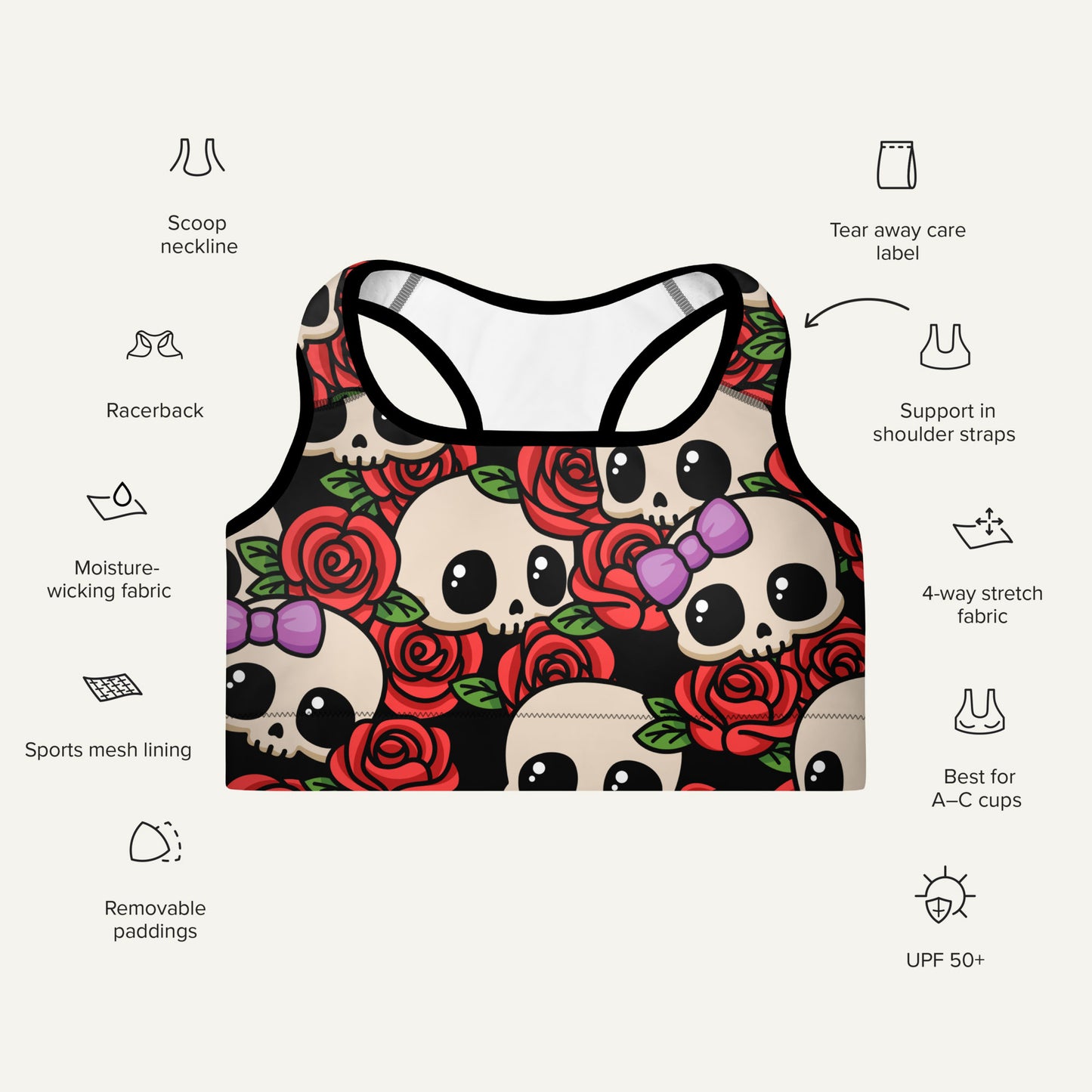 Kawaii Skulls And Roses Padded Sports Bra