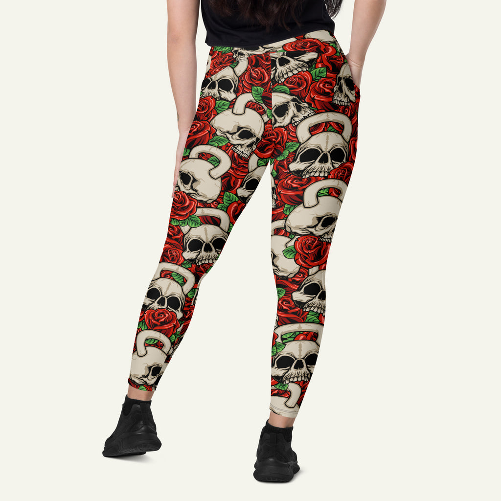 Kettlebell Skull And Roses Crossover Leggings With Pockets