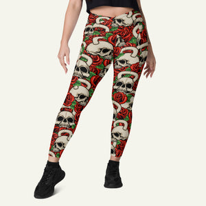 Kettlebell Skull And Roses High-Waisted Crossover Leggings With Pockets