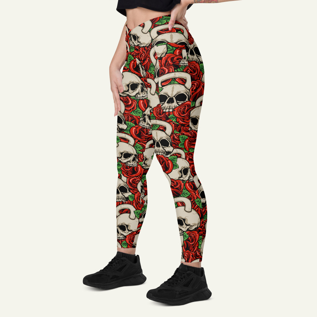 Kettlebell Skull And Roses Crossover Leggings With Pockets