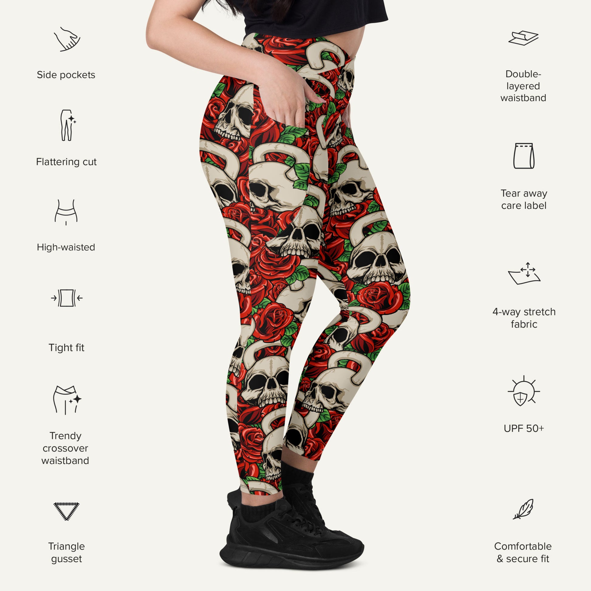 Kettlebell Skull And Roses High-Waisted Crossover Leggings With