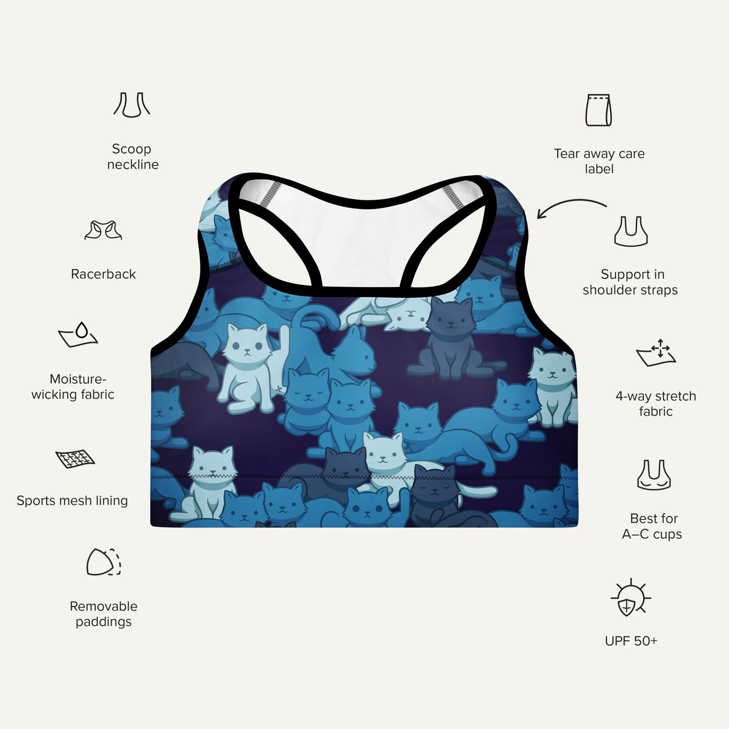 Navy Camo Cats Padded Sports Bra