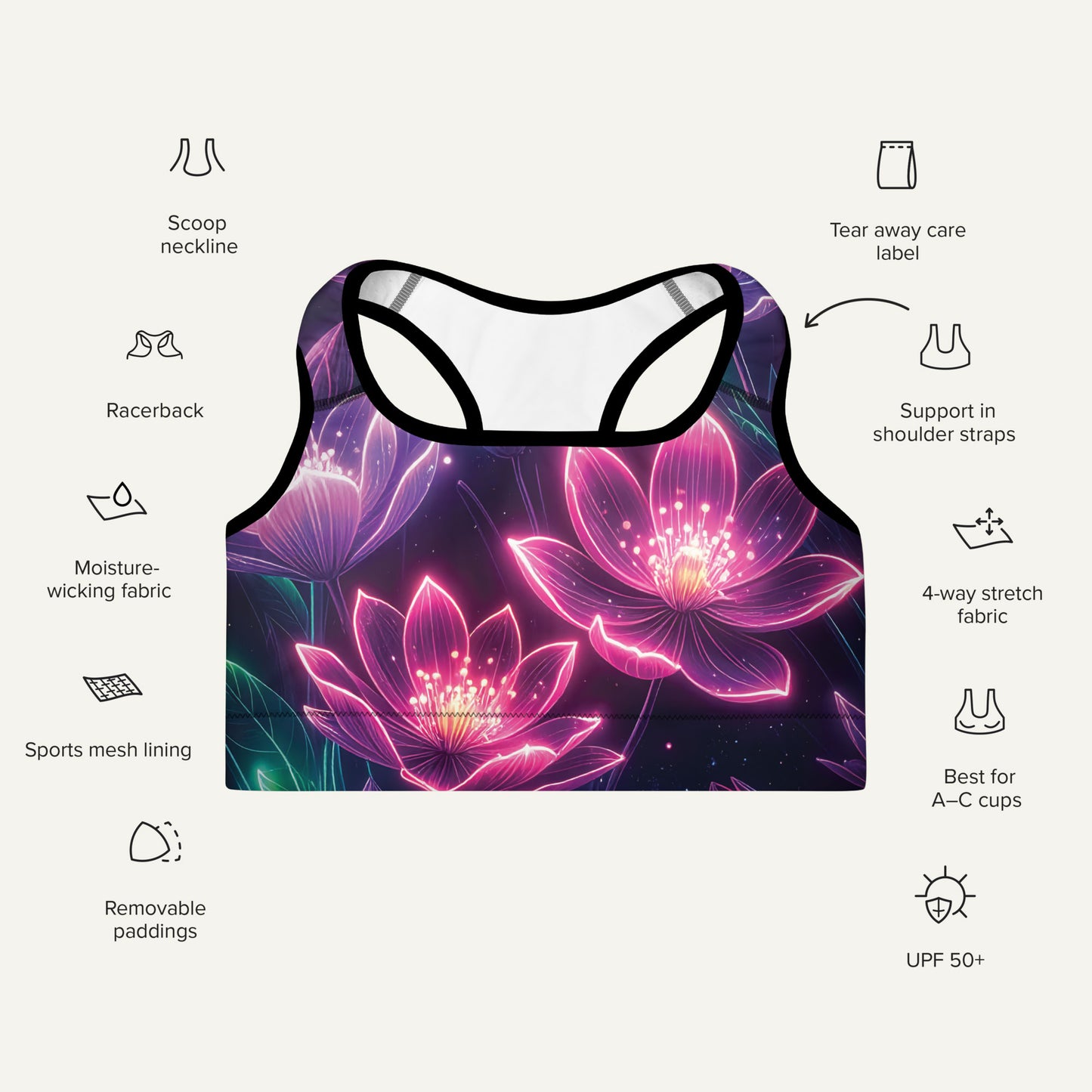 Neon Floral Print Padded Sports Bra