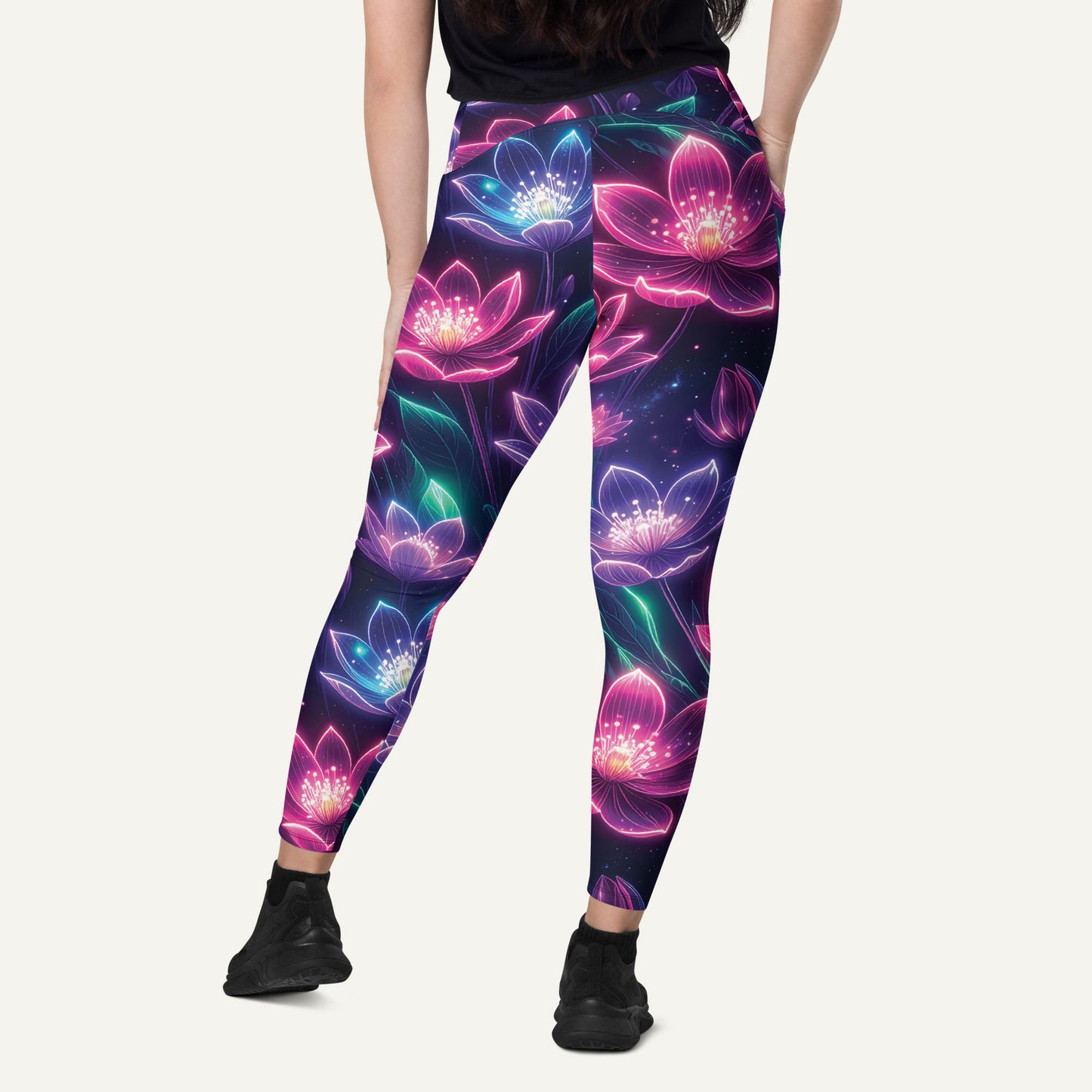 Neon Floral Print Crossover Pocket Leggings
