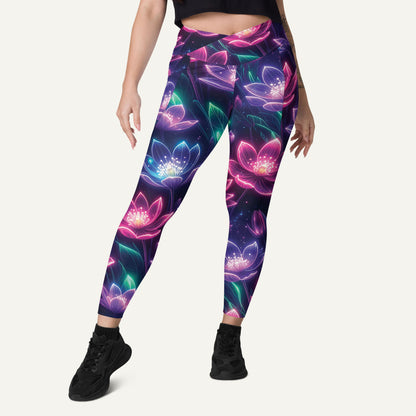 Neon Floral Print Crossover Pocket Leggings