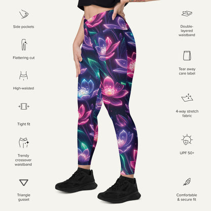 Neon Floral Print Crossover Pocket Leggings