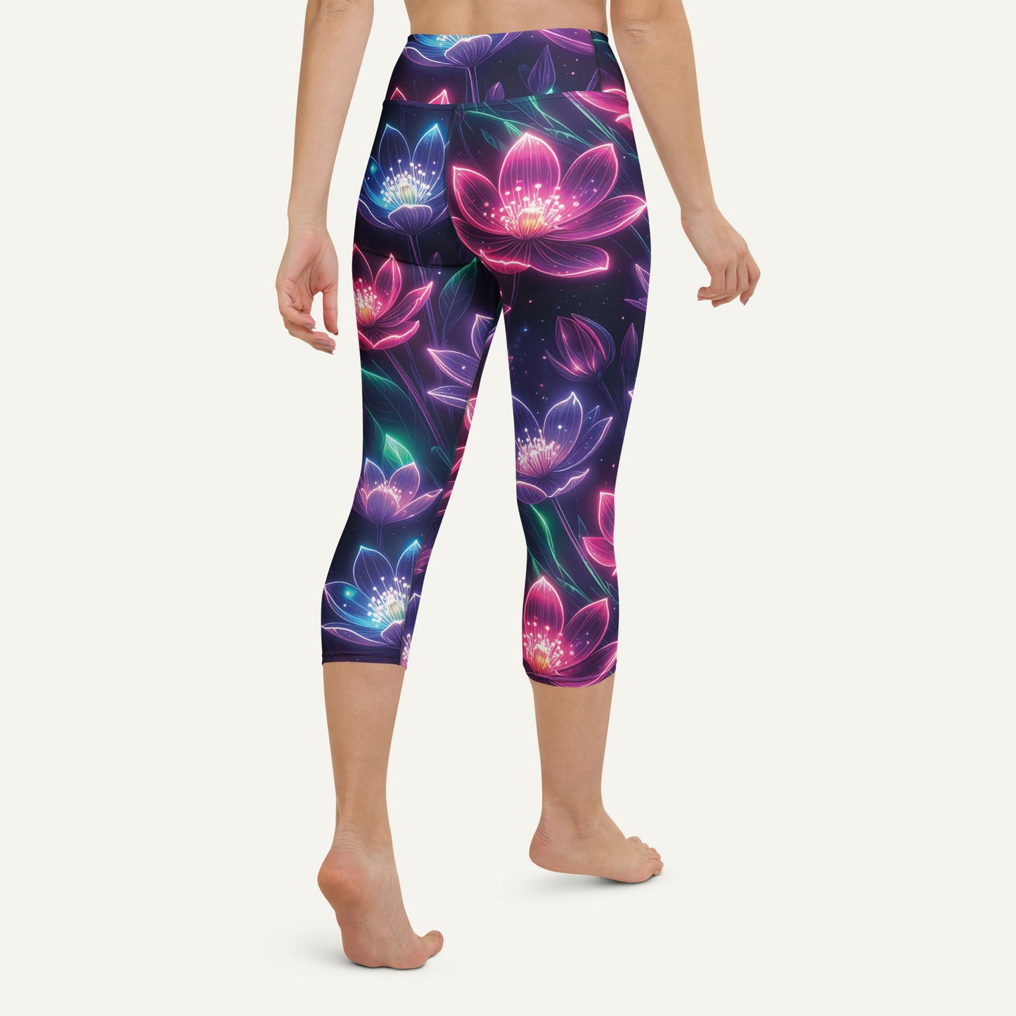 Neon Floral Print High-Waisted Capri Leggings
