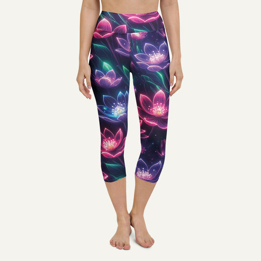 Neon Floral Print High-Waisted Capri Leggings