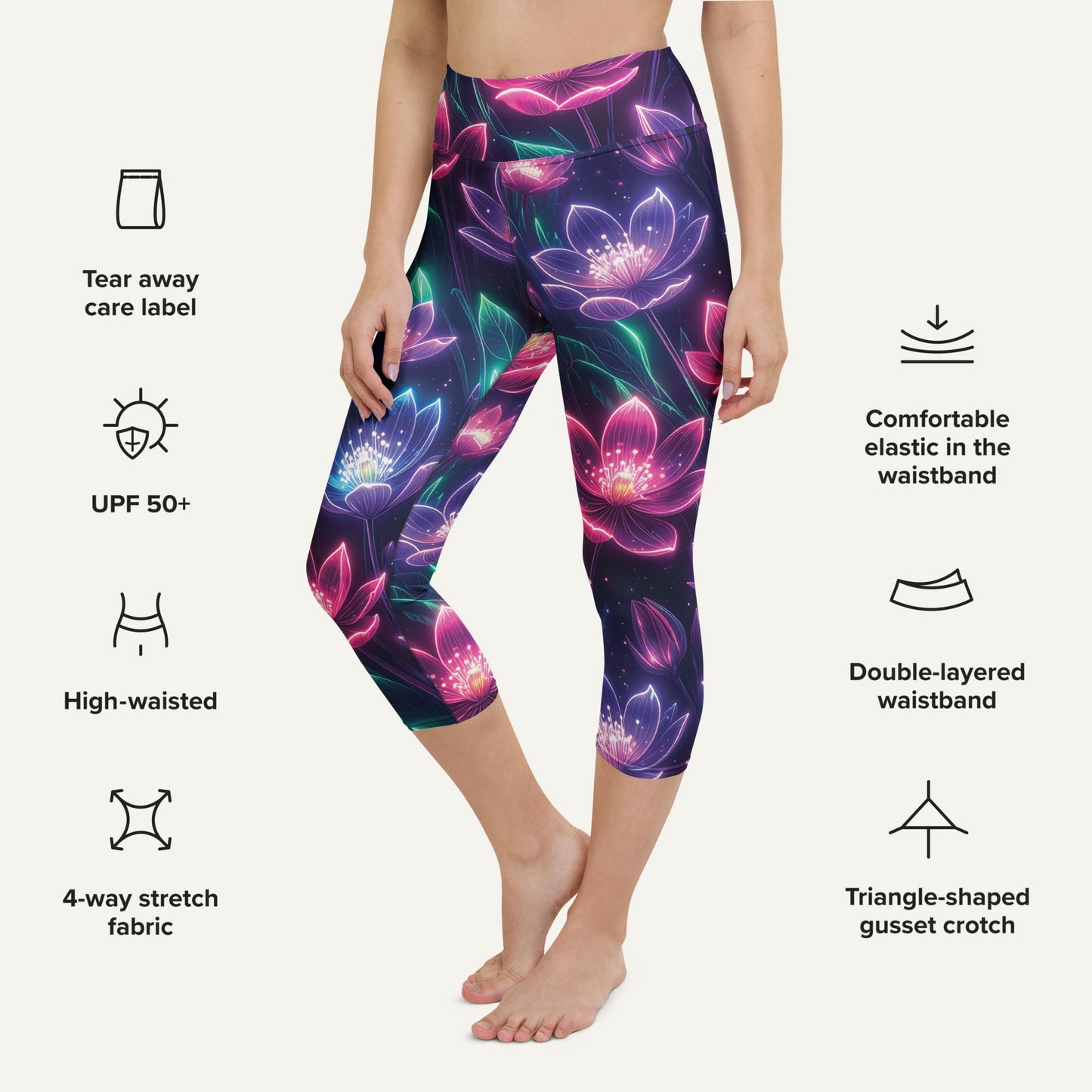 Neon Floral Print High-Waisted Capri Leggings