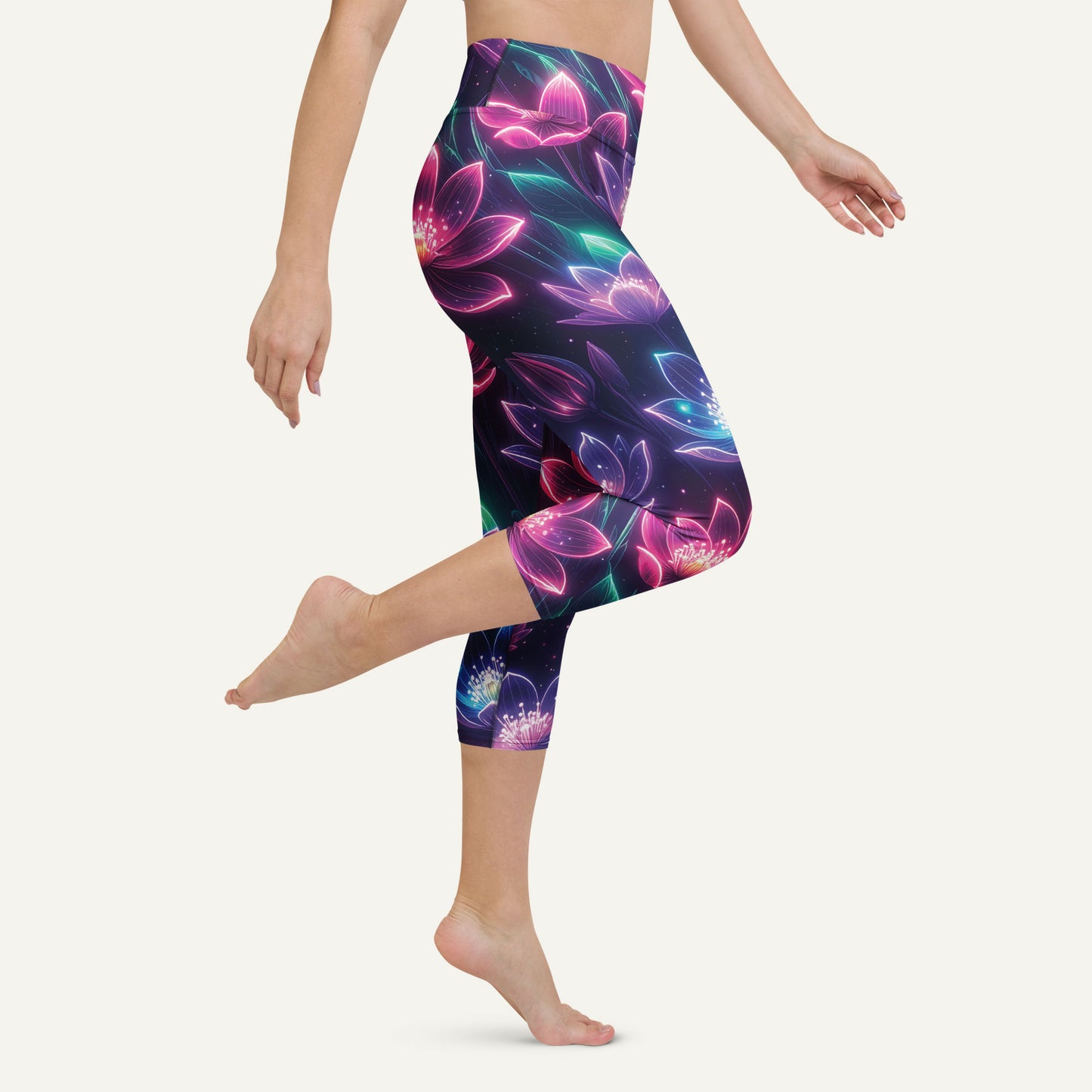 Neon Floral Print High-Waisted Capri Leggings