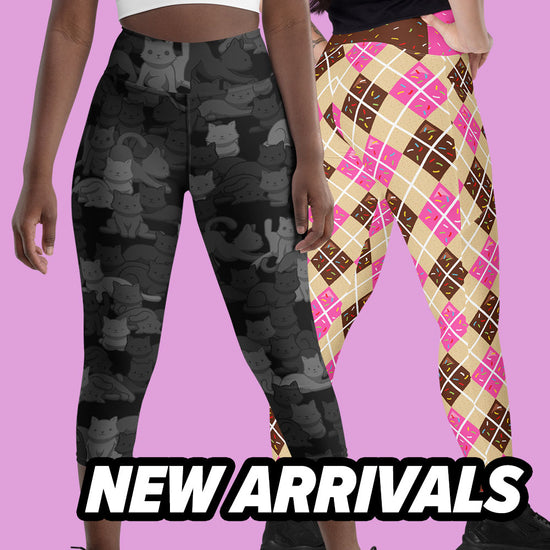 New arrival leggings featuring black cat camo print and pink donut argyle pattern – fun workout clothes for women