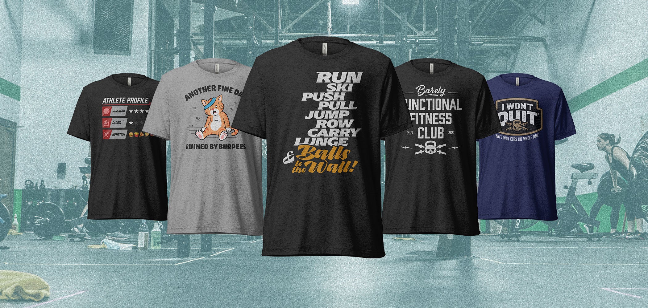 Five t-shirts with different designs displayed in a gym setting.