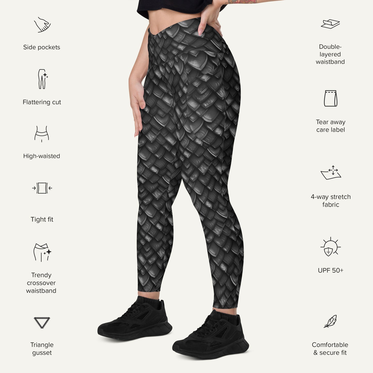 Onyx Dragon Scales Crossover Leggings With Pockets