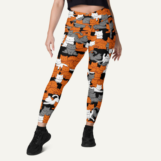 Orange Gray Tabby Camo Cat Crossover Pocket Leggings