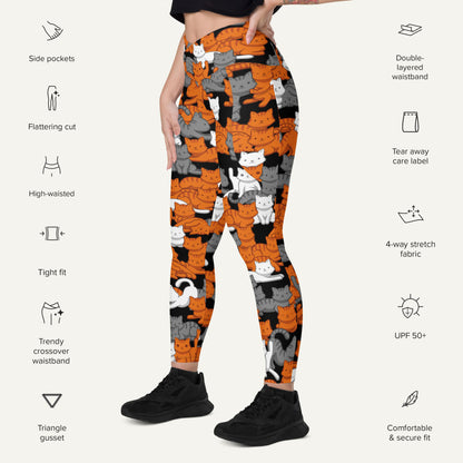 Orange Gray Tabby Camo Cat Crossover Pocket Leggings