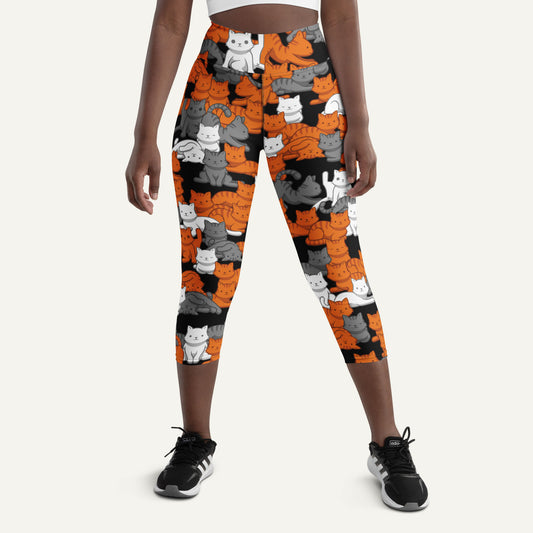 Orange Gray Tabby Camo Cat High-Waisted Capri Leggings