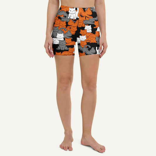 Orange Gray Tabby Camo Cat High-Waisted Shorts