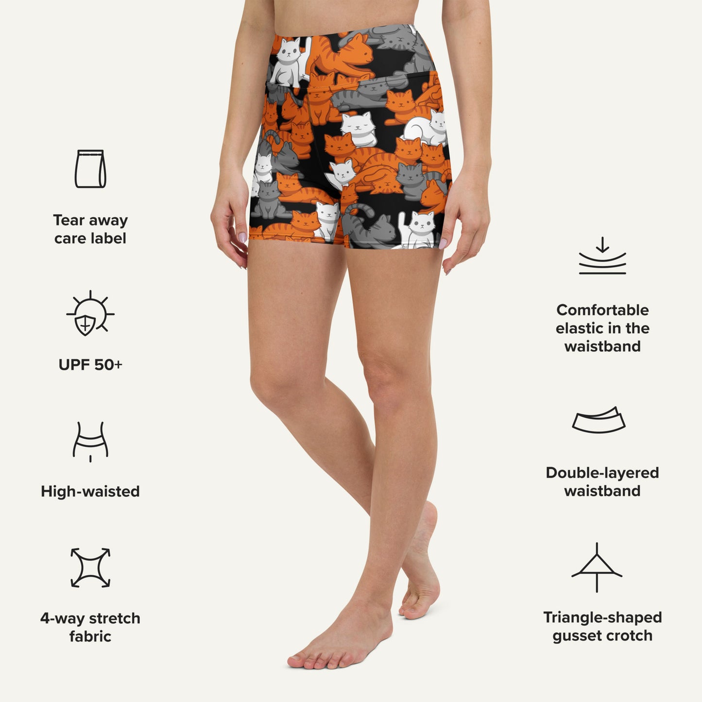 Orange Gray Tabby Camo Cat High-Waisted Shorts
