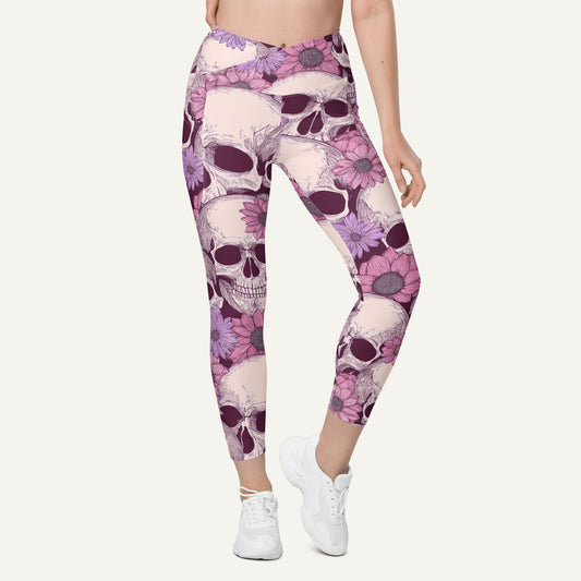 Pastel Floral Skulls Crossover Leggings With Pockets