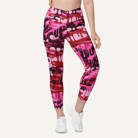 Pink Camouflage Drip Crossover Leggings With Pockets