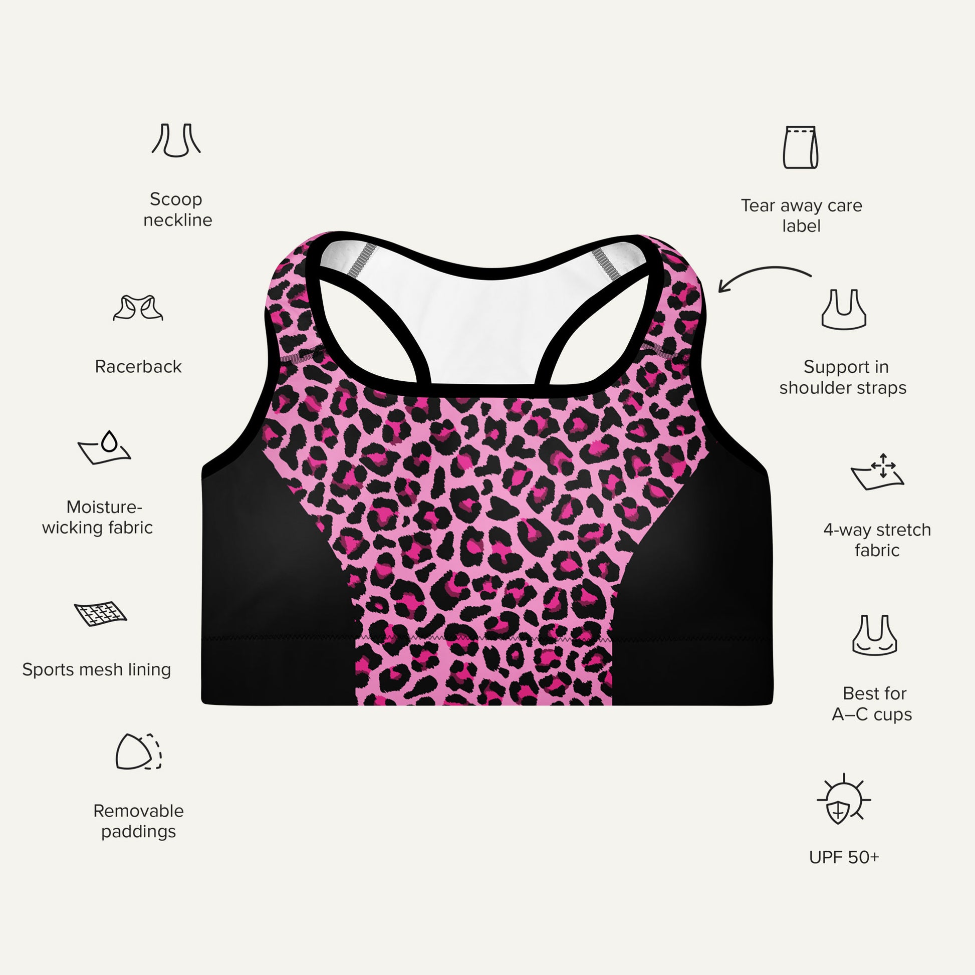 Pink Leopard Print Side Stripe Padded Sports Bra - Ministry of Sweat