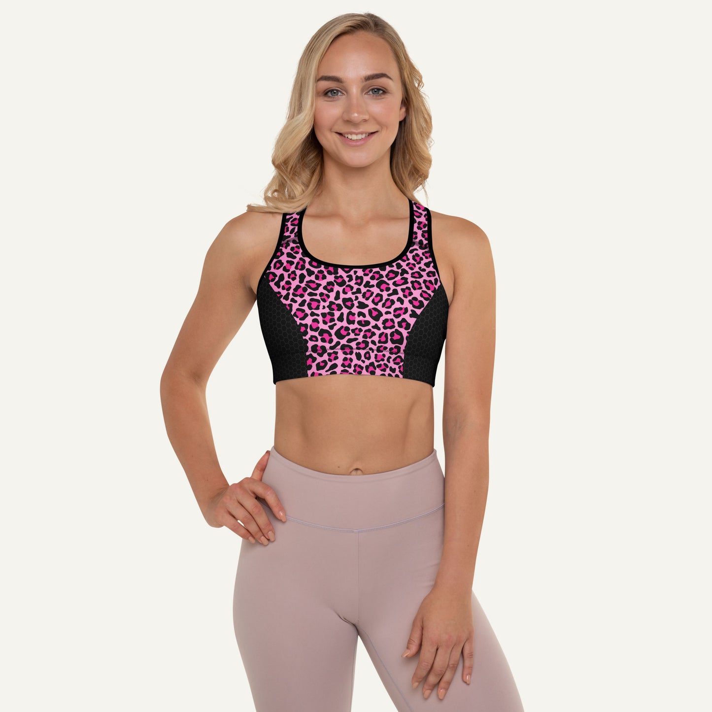 Pink Leopard Print Side Stripe Padded Sports Bra