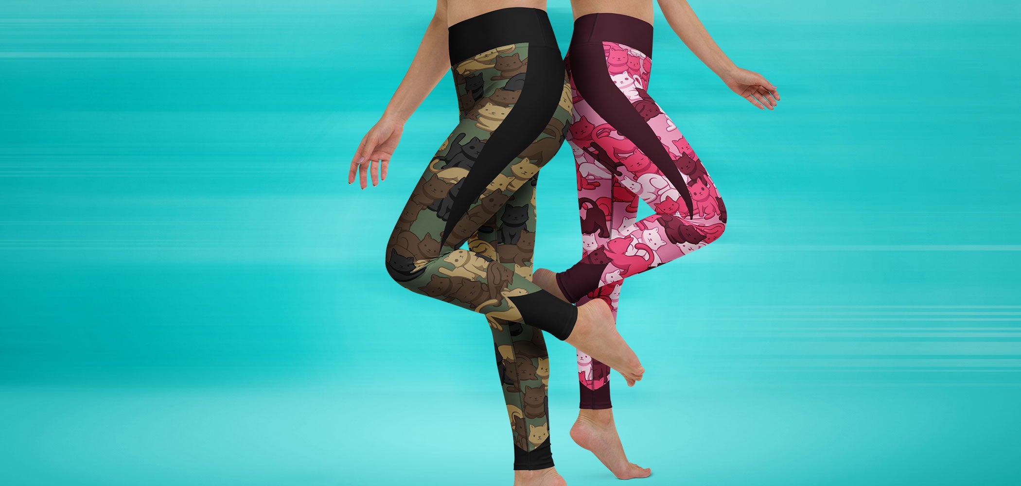 Two models wearing new Camo Cat Sport leggings, one woodland and one pink, on a turquoise background.