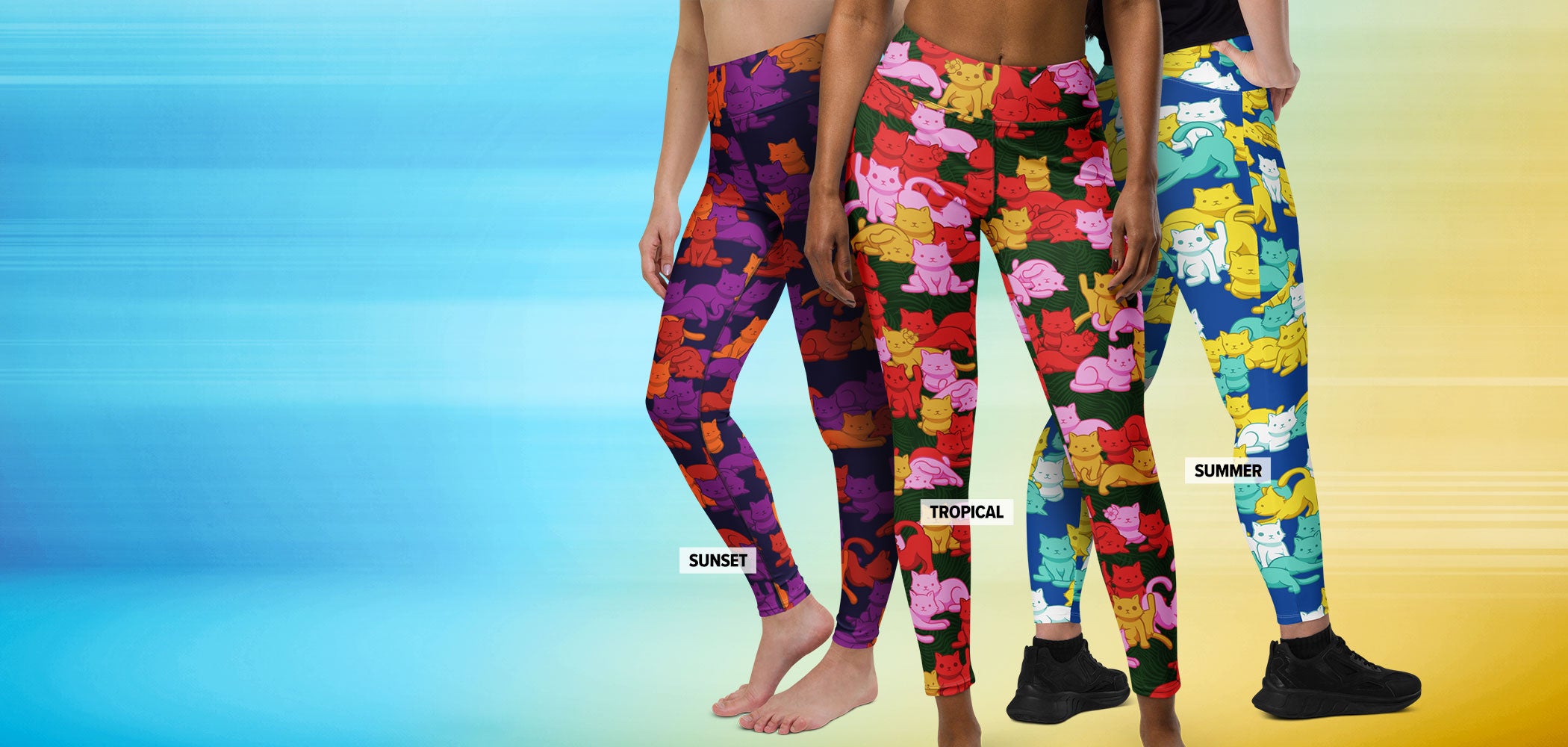 Three models wearing colorful camo cats print workout leggings labeled 'SUNSET', 'TROPICAL', and 'SUMMER' against a blue-to-yellow gradient background.