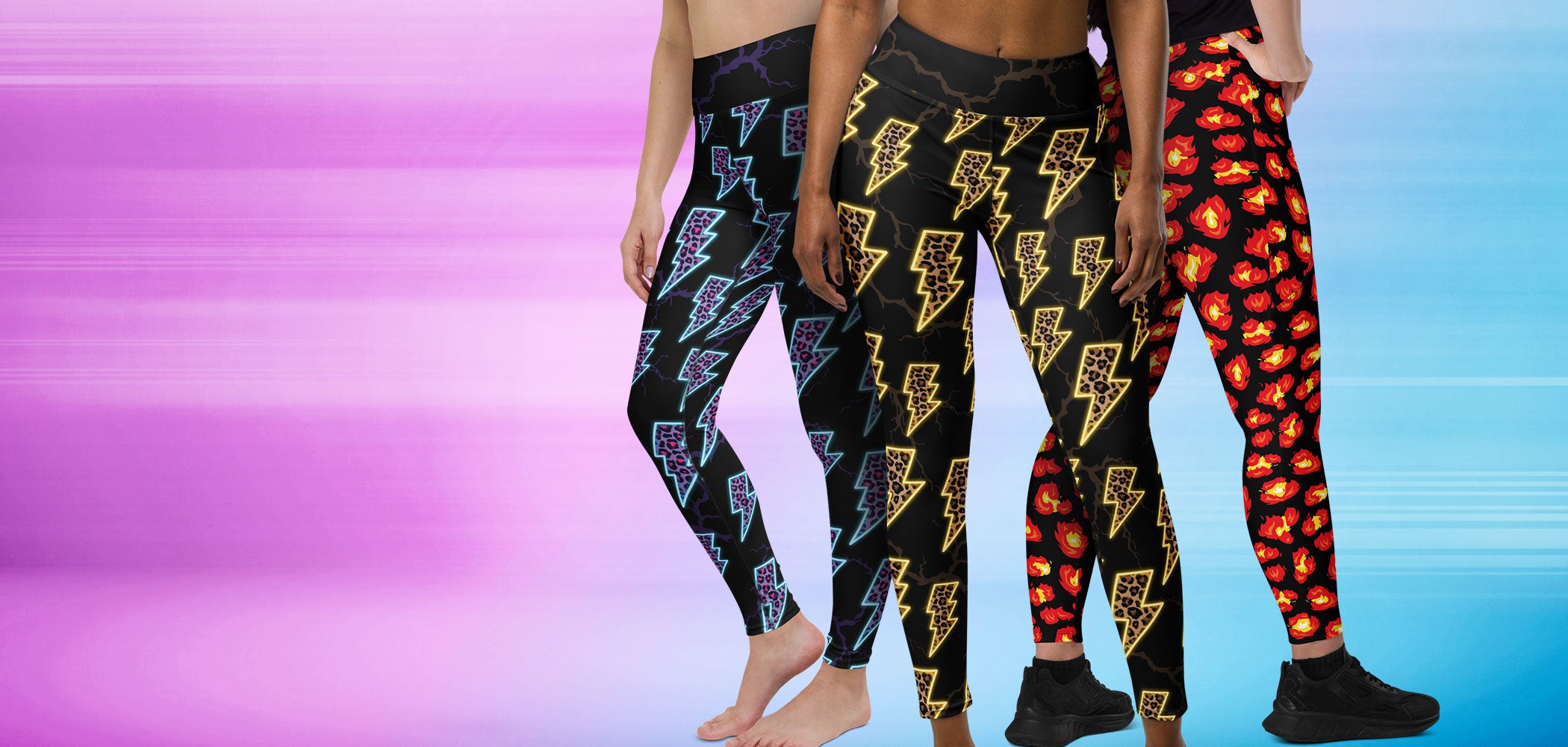 Three models wearing patterned leggings standing against a pink-to-blue gradient background. The leggings feature black bases with colorful lightning bolt and leopard prints.