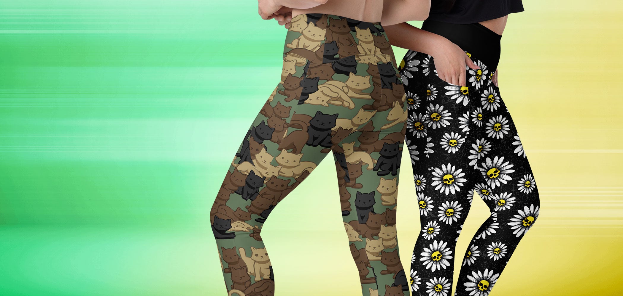 Two pairs of leggings, one camouflage and one with floral pattern, on a gradient background.