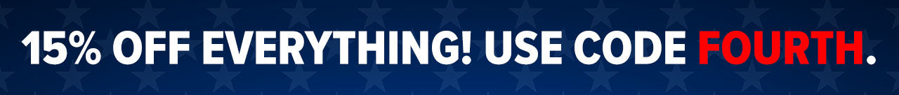 Promotional banner with the text '15% OFF EVERYTHING! USE CODE FOURTH.' in white and red over a dark blue background with subtle white stars.
