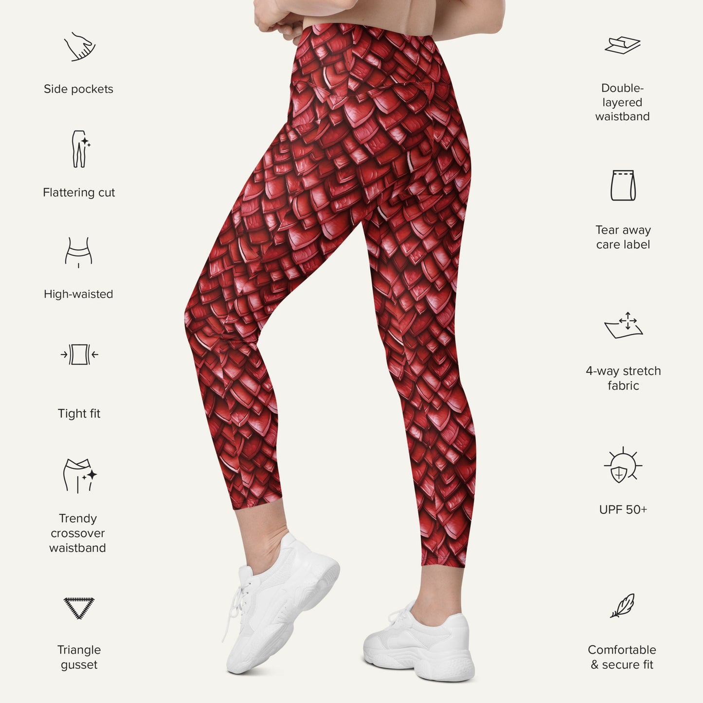 Ruby Dragon Scales Crossover Leggings With Pockets