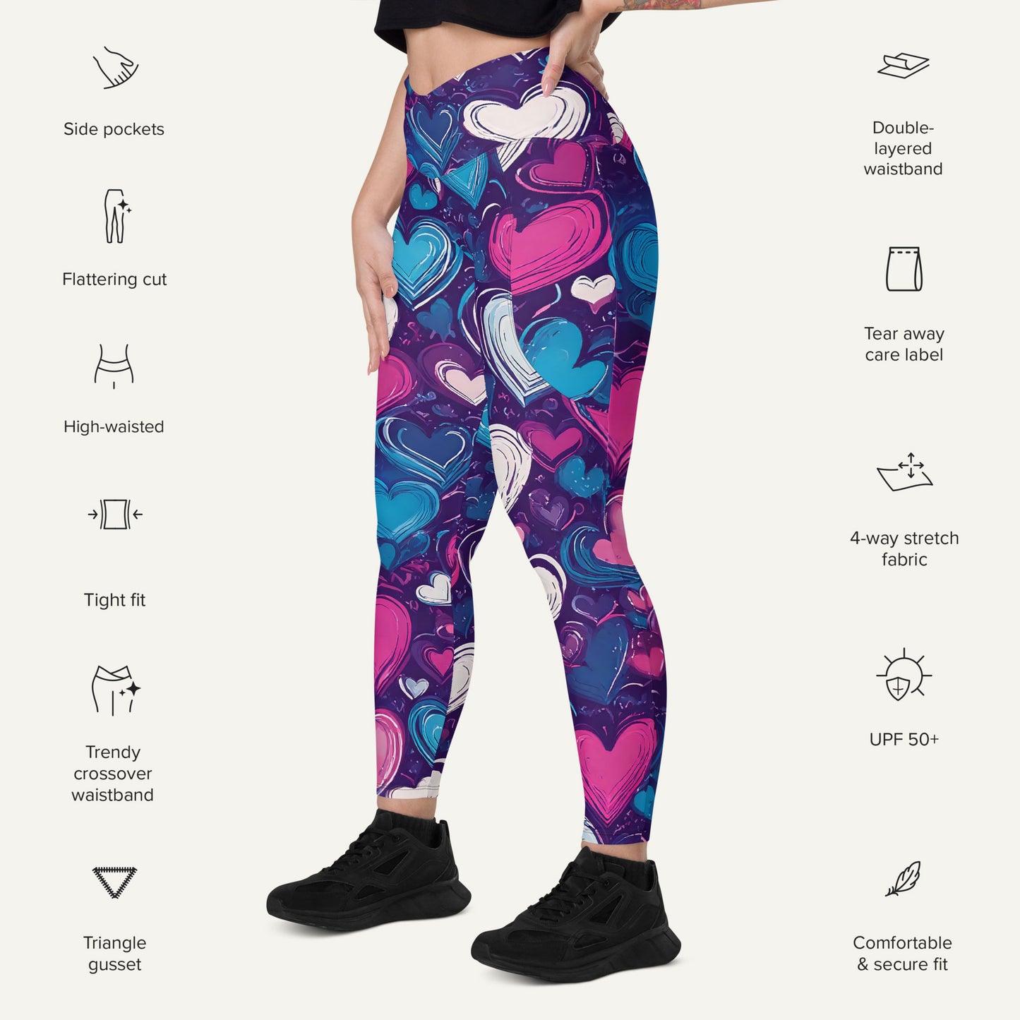 Scribble Hearts Crossover Leggings With Pockets