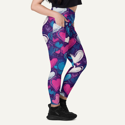 Scribble Hearts Crossover Leggings With Pockets