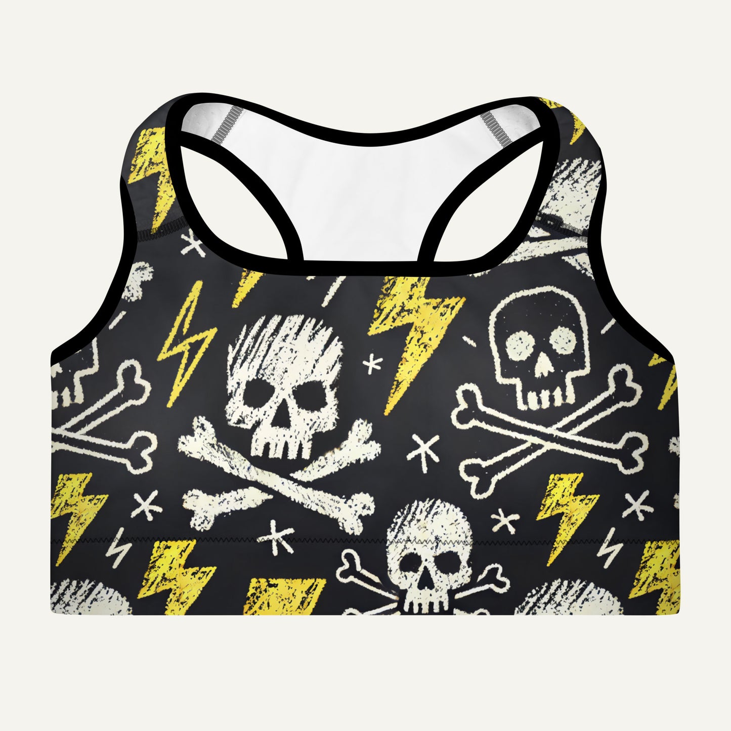 Scribble Skulls And Lightning Padded Sports Bra