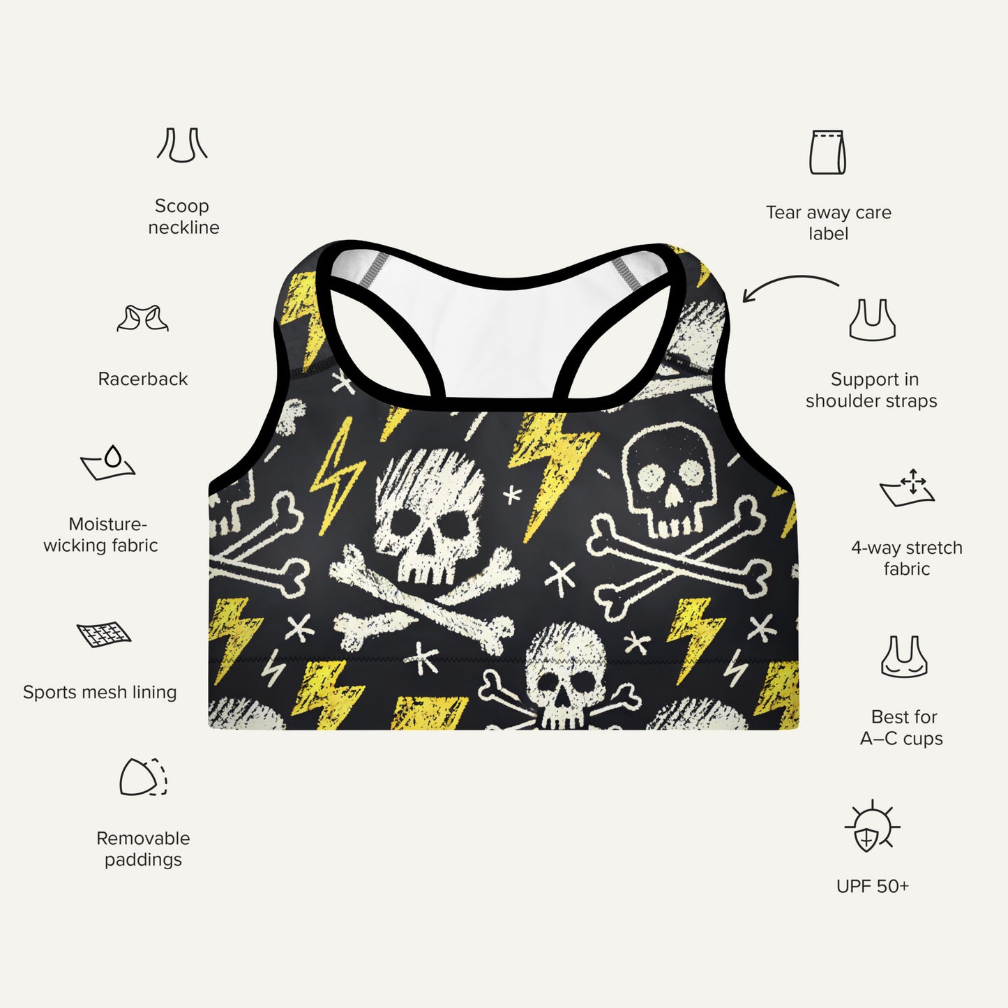 Scribble Skulls And Lightning Padded Sports Bra