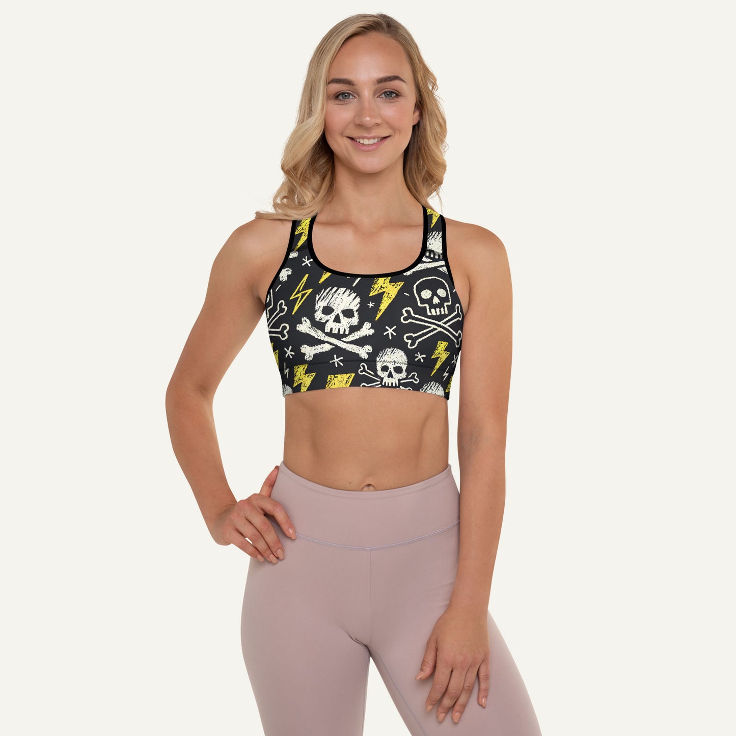 Scribble Skulls And Lightning Padded Sports Bra