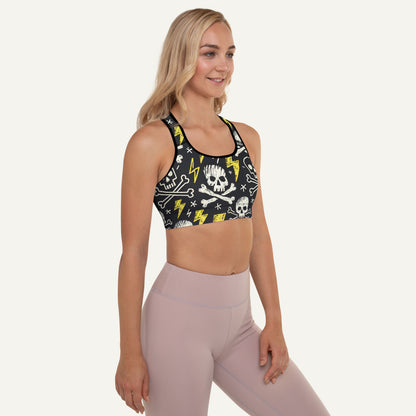 Scribble Skulls And Lightning Padded Sports Bra